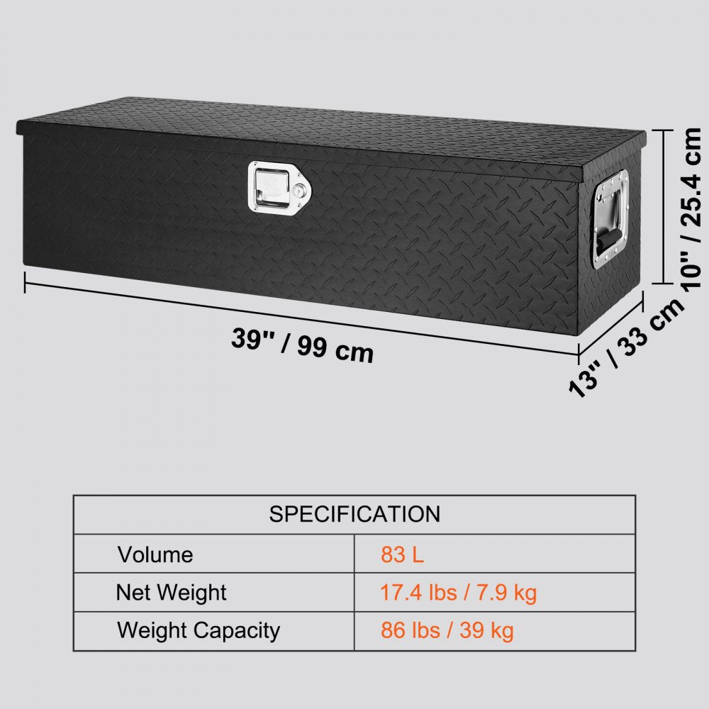 VEVOR Heavy Duty Aluminum Truck Bed Tool Box, Diamond Plate Tool Box with Side Handle and Lock Keys, Storage Tool Box Chest Box Organizer for Pickup, Truck Bed, RV, Trailer, 39