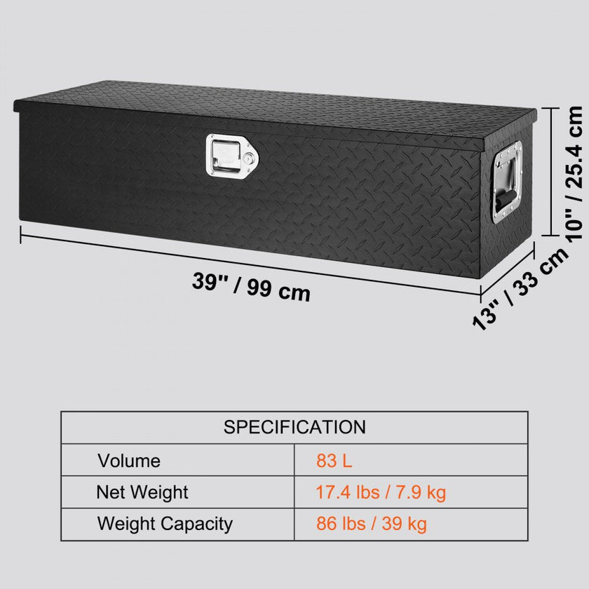 VEVOR Heavy Duty Aluminum Truck Bed Tool Box, Diamond Plate Tool Box with Side Handle and Lock Keys, Storage Tool Box Chest Box Organizer for Pickup, Truck Bed, RV, Trailer, 39