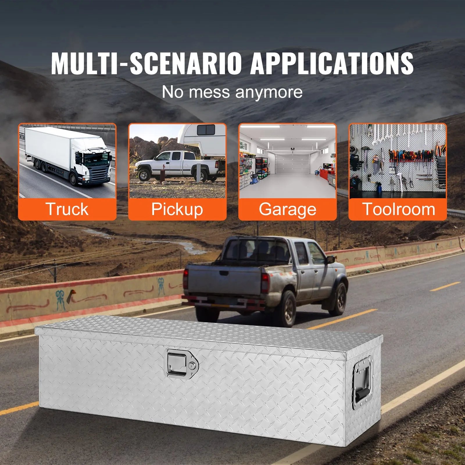 VEVOR Heavy Duty Aluminum Truck Bed Tool Box, Diamond Plate Tool Box with Side Handle and Lock Keys, Storage Tool Box Chest Box Organizer for Pickup, Truck Bed, RV, Trailer, 39
