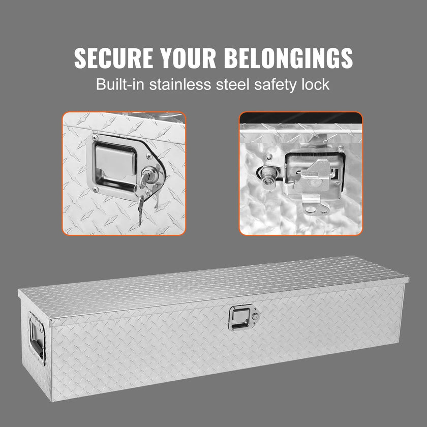 VEVOR Heavy Duty Aluminum Truck Bed Tool Box, Diamond Plate Tool Box with Side Handle and Lock Keys, Storage Tool Box Chest Box Organizer for Pickup, Truck Bed, RV, Trailer, 48