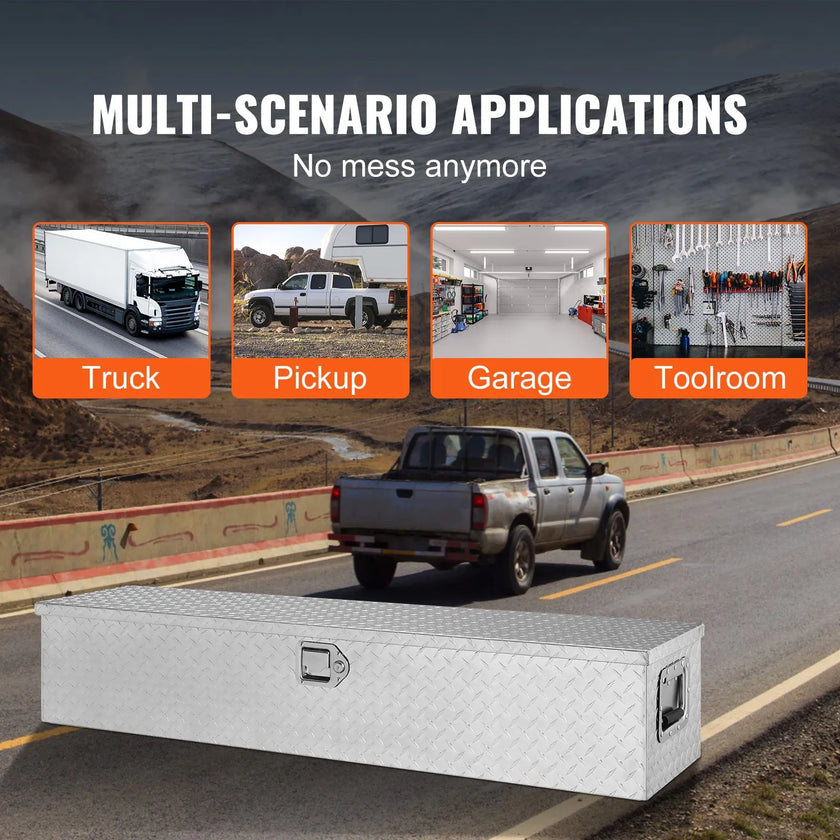 VEVOR Heavy Duty Aluminum Truck Bed Tool Box, Diamond Plate Tool Box with Side Handle and Lock Keys, Storage Tool Box Chest Box Organizer for Pickup, Truck Bed, RV, Trailer, 48
