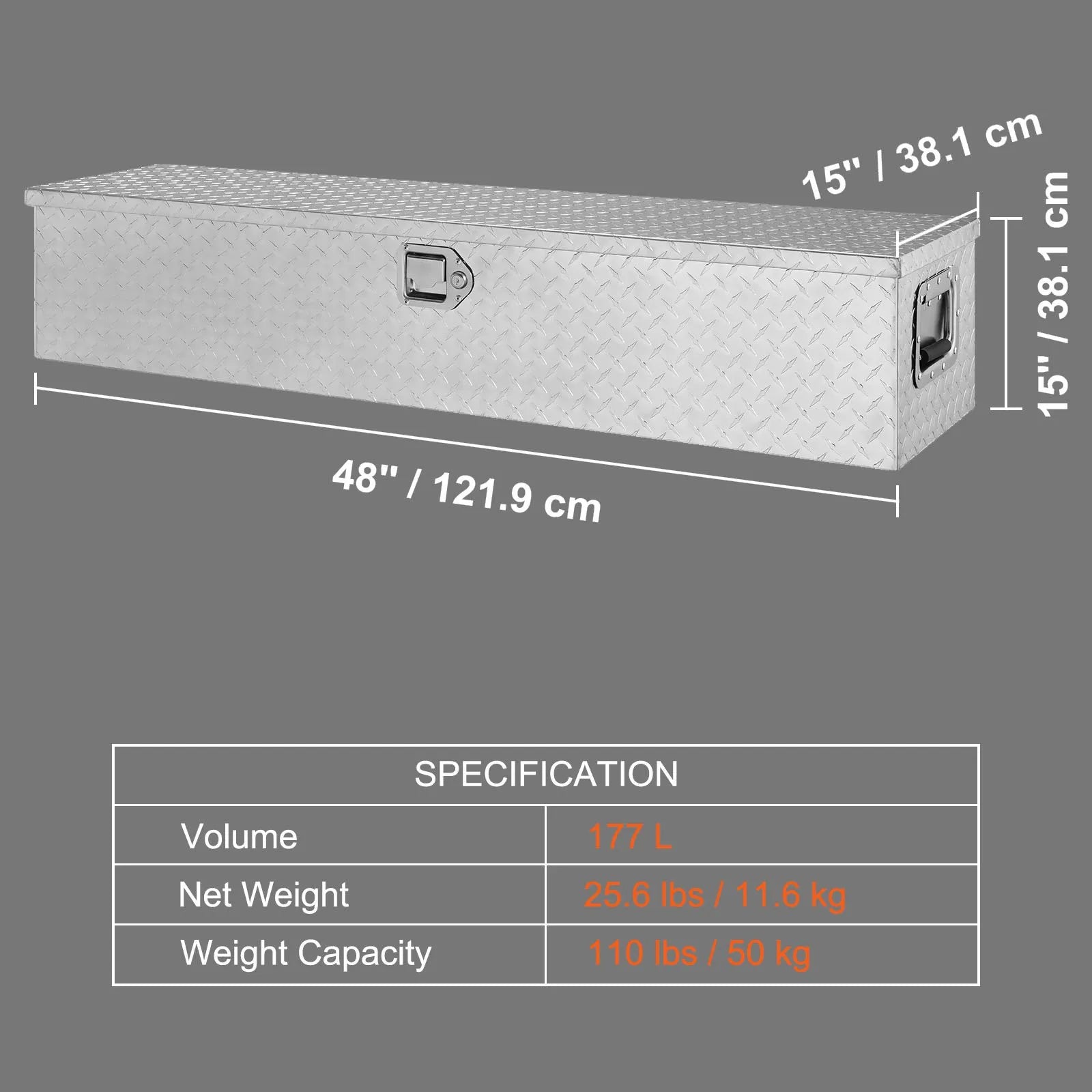 VEVOR Heavy Duty Aluminum Truck Bed Tool Box, Diamond Plate Tool Box with Side Handle and Lock Keys, Storage Tool Box Chest Box Organizer for Pickup, Truck Bed, RV, Trailer, 48