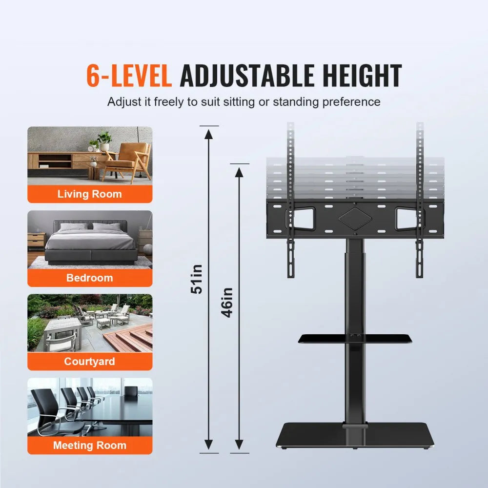 VEVOR TV Stand Mount, Swivel Tall TV Stand for 32 to 65 inch TVs, Height Adjustable Portable Floor TV Stand with Tempered Glass Base for Bedroom, Living Room