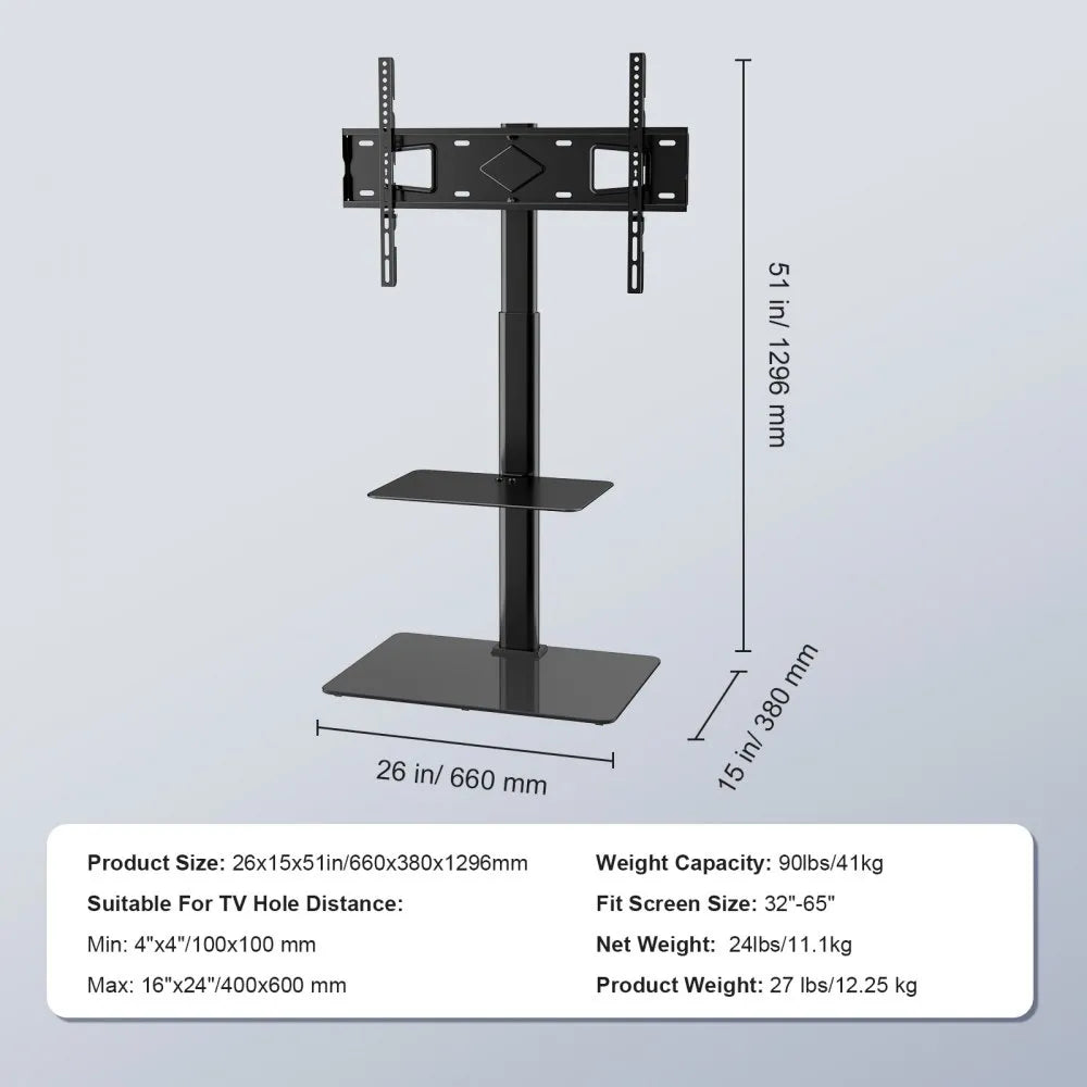VEVOR TV Stand Mount, Swivel Tall TV Stand for 32 to 65 inch TVs, Height Adjustable Portable Floor TV Stand with Tempered Glass Base for Bedroom, Living Room