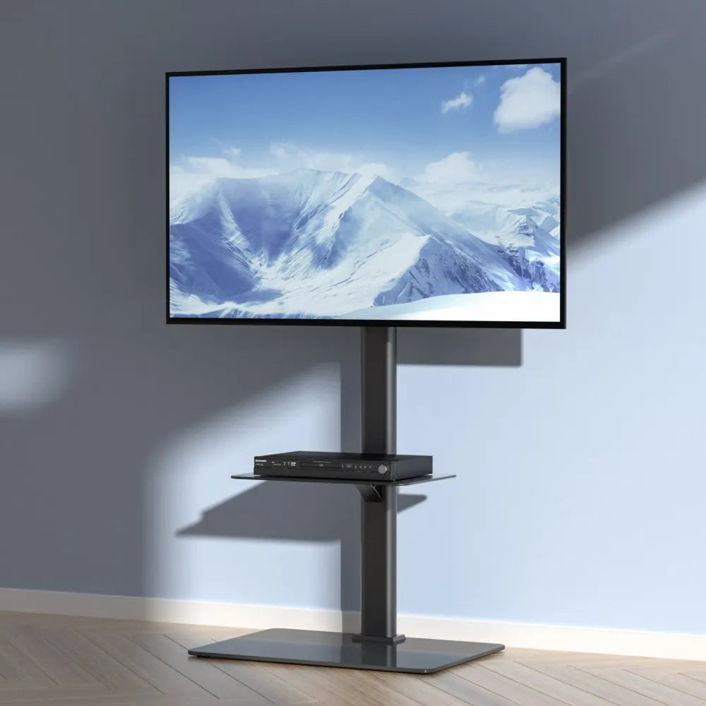 VEVOR TV Stand Mount, Swivel Tall TV Stand for 32 to 65 inch TVs, Height Adjustable Portable Floor TV Stand with Tempered Glass Base for Bedroom, Living Room