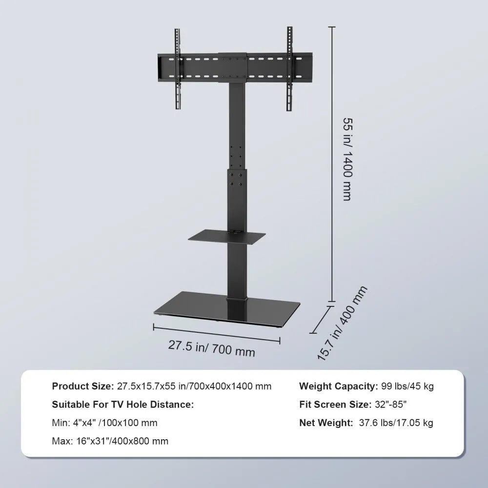VEVOR TV Stand Mount, Swivel Tall TV Stand for 32 to 85 inch TVs, Height Adjustable Portable Floor TV Stand with Tempered Glass Base for Bedroom, Living Room