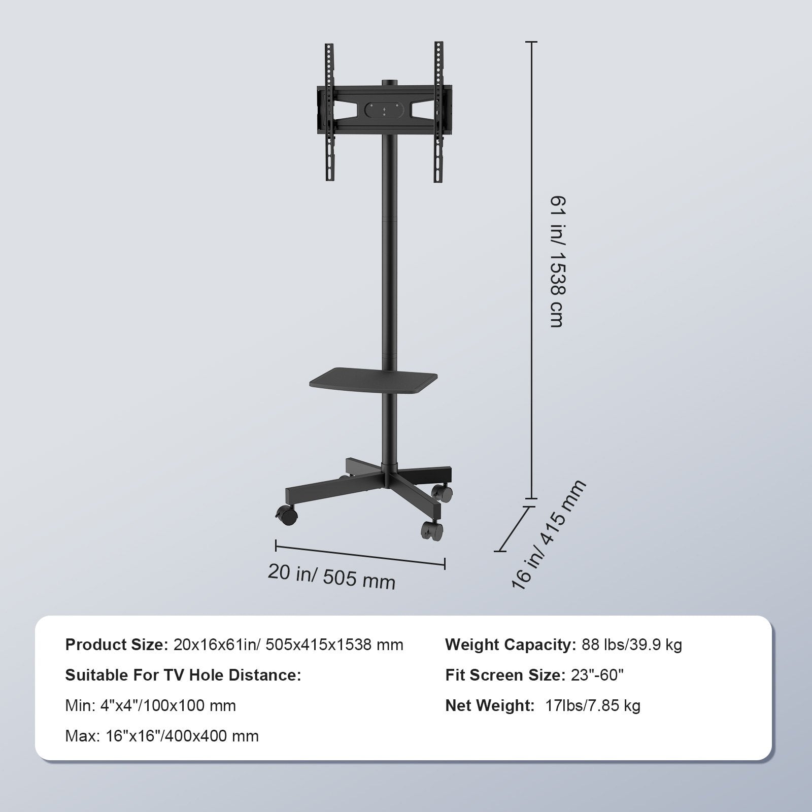 VEVOR Mobile TV Stand, Mobile TV Cart for 23 to 60 inch TVs, Height Adjustable Portable TV Stand with Wheels, with A Tray for Audio-Visual Devices, Rolling TV Stand with Mount for Bedroom, Living Room