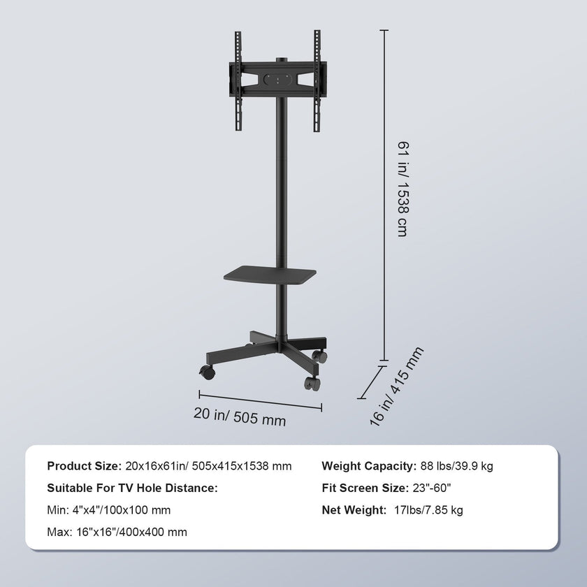 VEVOR Mobile TV Stand, Mobile TV Cart for 23 to 60 inch TVs, Height Adjustable Portable TV Stand with Wheels, with A Tray for Audio-Visual Devices, Rolling TV Stand with Mount for Bedroom, Living Room