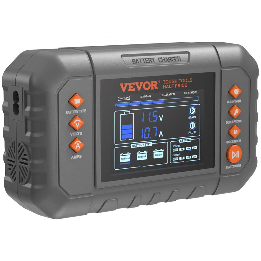 VEVOR Smart Battery Charger, 20-Amp, Lithium LiFePO4 Lead-Acid (AGM / Gel / SLA) Car Battery Charger with LCD Display, Trickle Charger Maintainer Desulfator for Boat Motorcycle Lawn Mower Deep Cycle