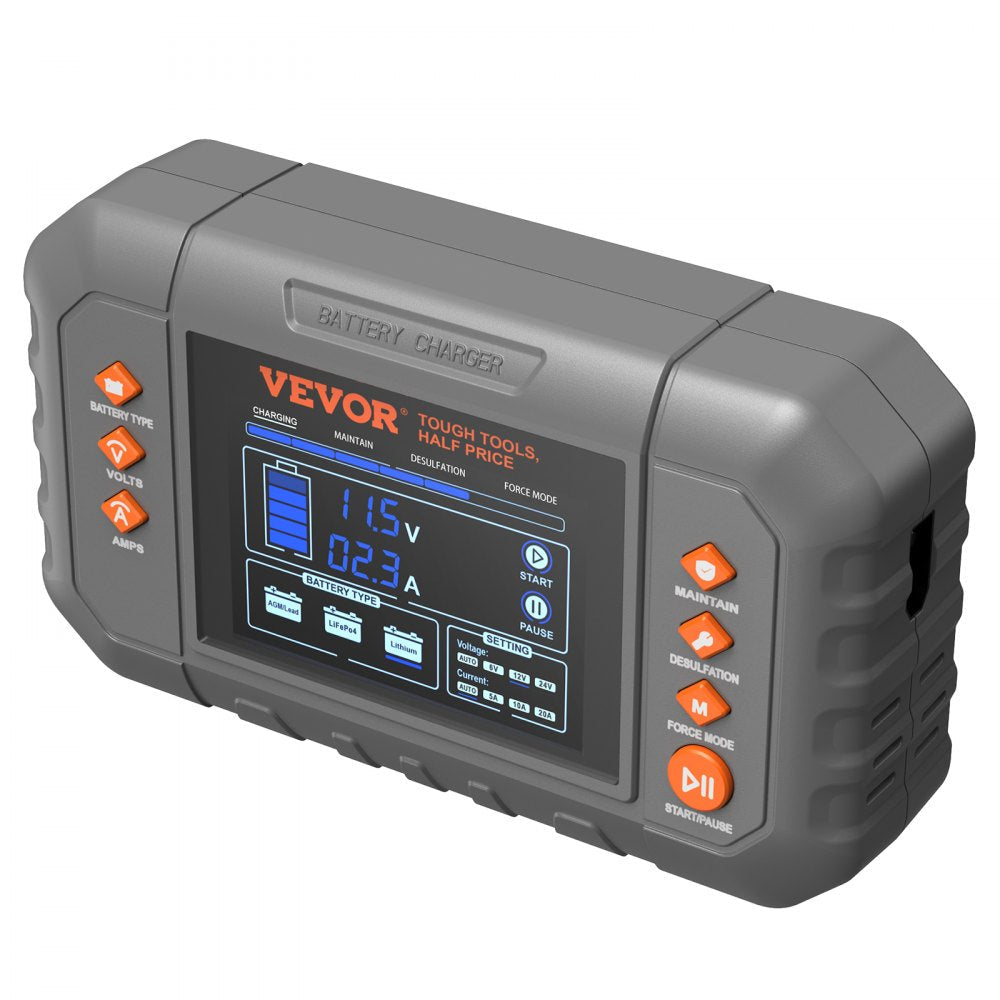 VEVOR Smart Battery Charger, 20-Amp, Lithium LiFePO4 Lead-Acid (AGM / Gel / SLA) Car Battery Charger with LCD Display, Trickle Charger Maintainer Desulfator for Boat Motorcycle Lawn Mower Deep Cycle