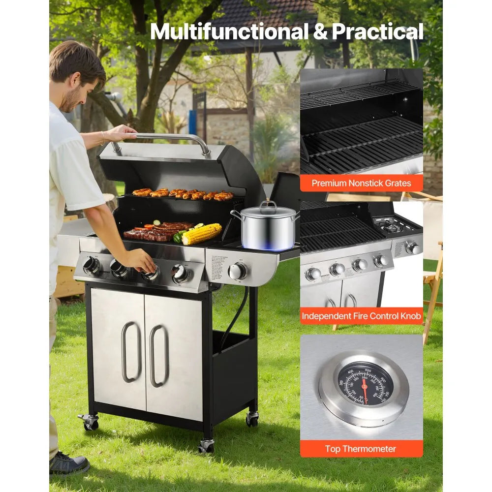 VEVOR 4 Burner Propane Gas Grill with Side Burner – 52,000 BTU Stainless Steel BBQ Grill