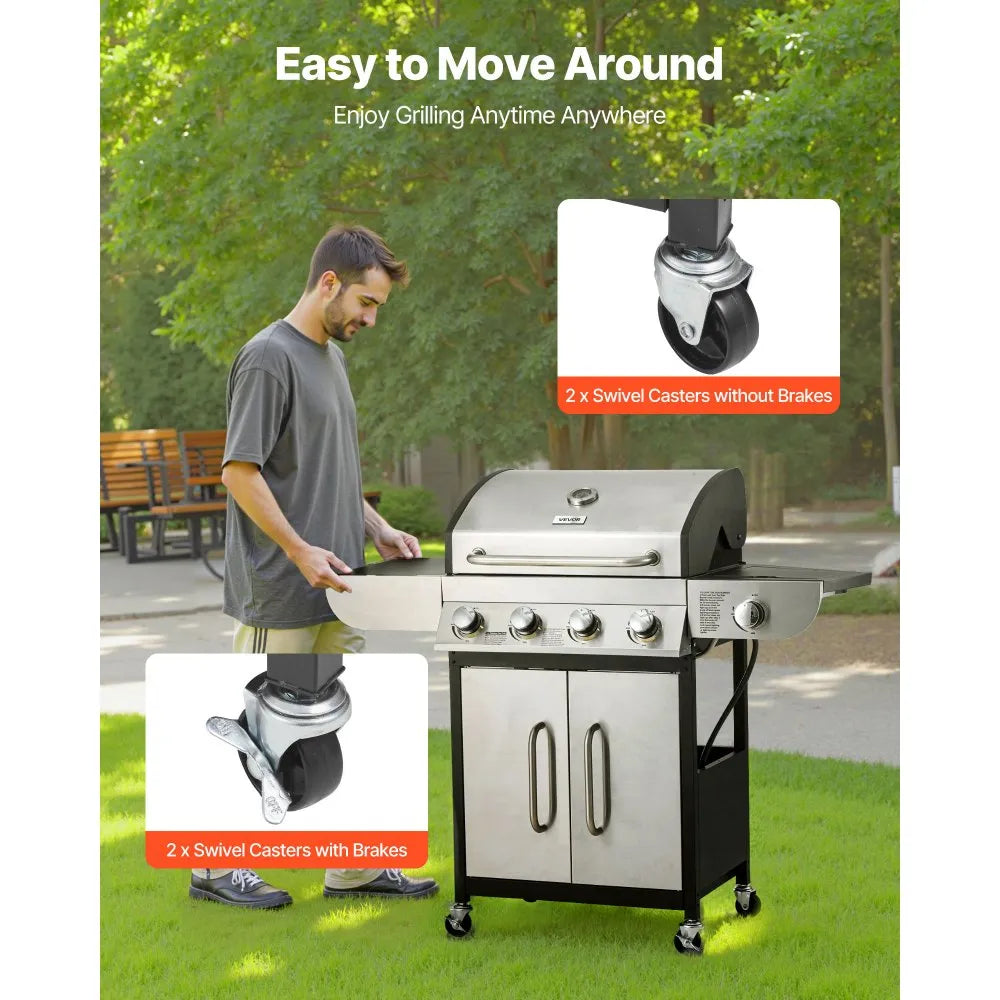 VEVOR 4 Burner Propane Gas Grill with Side Burner – 52,000 BTU Stainless Steel BBQ Grill