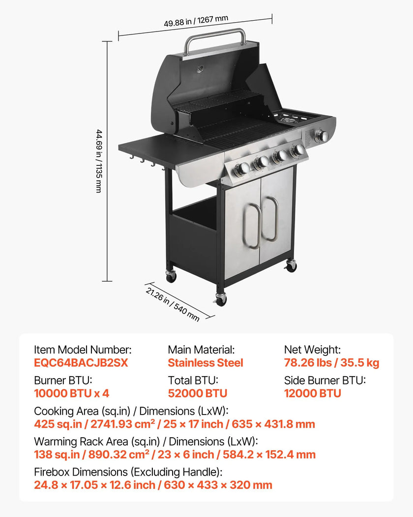 VEVOR 4 Burner Propane Gas Grill with Side Burner – 52,000 BTU Stainless Steel BBQ Grill