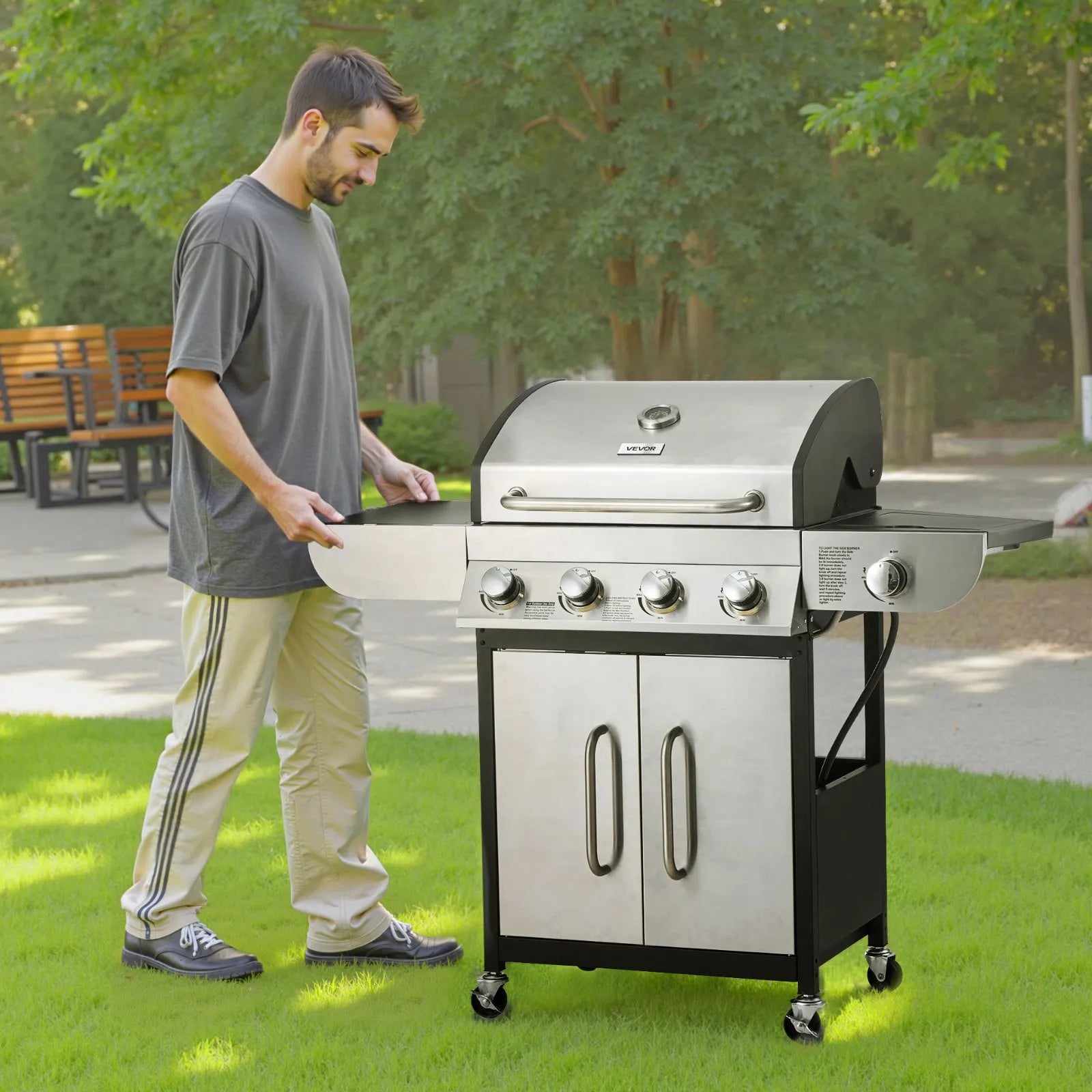 VEVOR 4 Burner Propane Gas Grill with Side Burner – 52,000 BTU Stainless Steel BBQ Grill