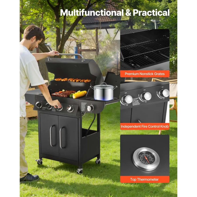 VEVOR 4 Burner Propane Gas Grill with Side Burner, 52,000 BTU Outdoor BBQ Grill with 425 Sq. In. Cooking Area, Carbon Steel Patio Garden Barbecue with Side Shelves