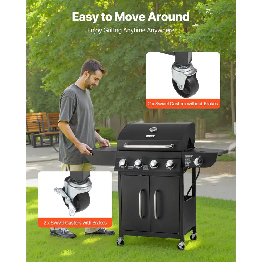 VEVOR 4 Burner Propane Gas Grill with Side Burner, 52,000 BTU Outdoor BBQ Grill with 425 Sq. In. Cooking Area, Carbon Steel Patio Garden Barbecue with Side Shelves