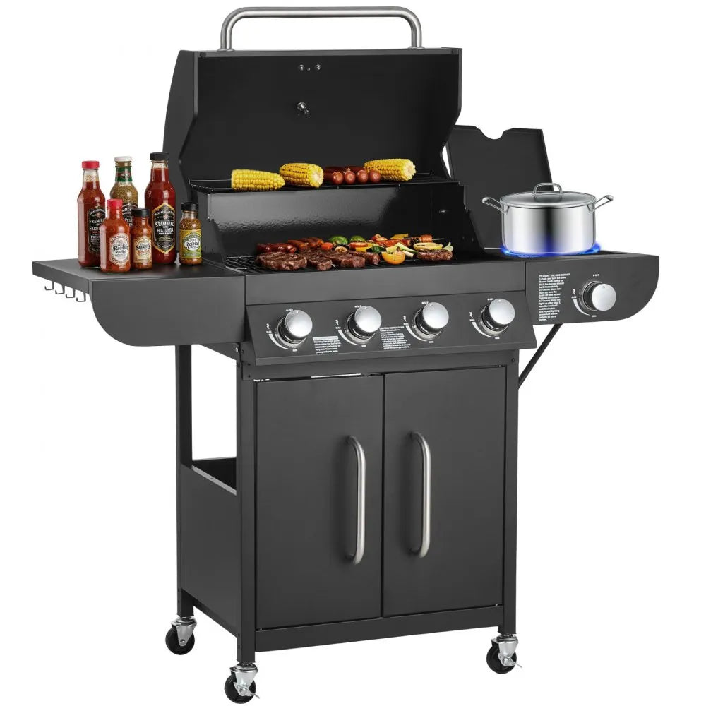 VEVOR 4 Burner Propane Gas Grill with Side Burner, 52,000 BTU Outdoor BBQ Grill with 425 Sq. In. Cooking Area, Carbon Steel Patio Garden Barbecue with Side Shelves
