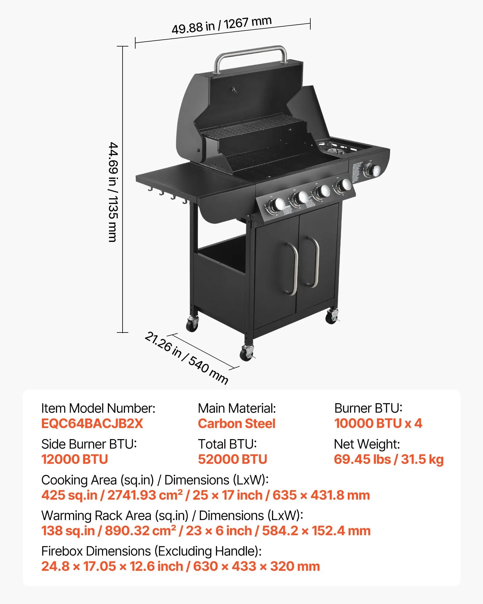 VEVOR 4 Burner Propane Gas Grill with Side Burner, 52,000 BTU Outdoor BBQ Grill with 425 Sq. In. Cooking Area, Carbon Steel Patio Garden Barbecue with Side Shelves