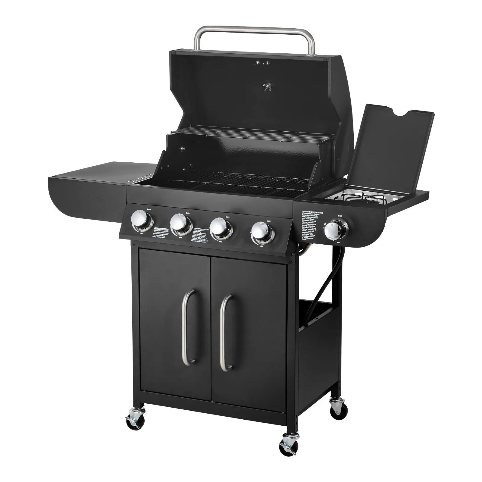 VEVOR 4 Burner Propane Gas Grill with Side Burner, 52,000 BTU Outdoor BBQ Grill with 425 Sq. In. Cooking Area, Carbon Steel Patio Garden Barbecue with Side Shelves