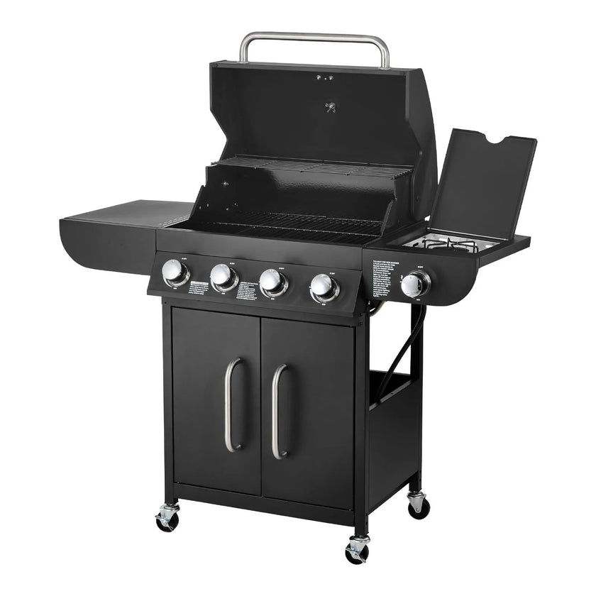 VEVOR 4 Burner Propane Gas Grill with Side Burner, 52,000 BTU Outdoor BBQ Grill with 425 Sq. In. Cooking Area, Carbon Steel Patio Garden Barbecue with Side Shelves