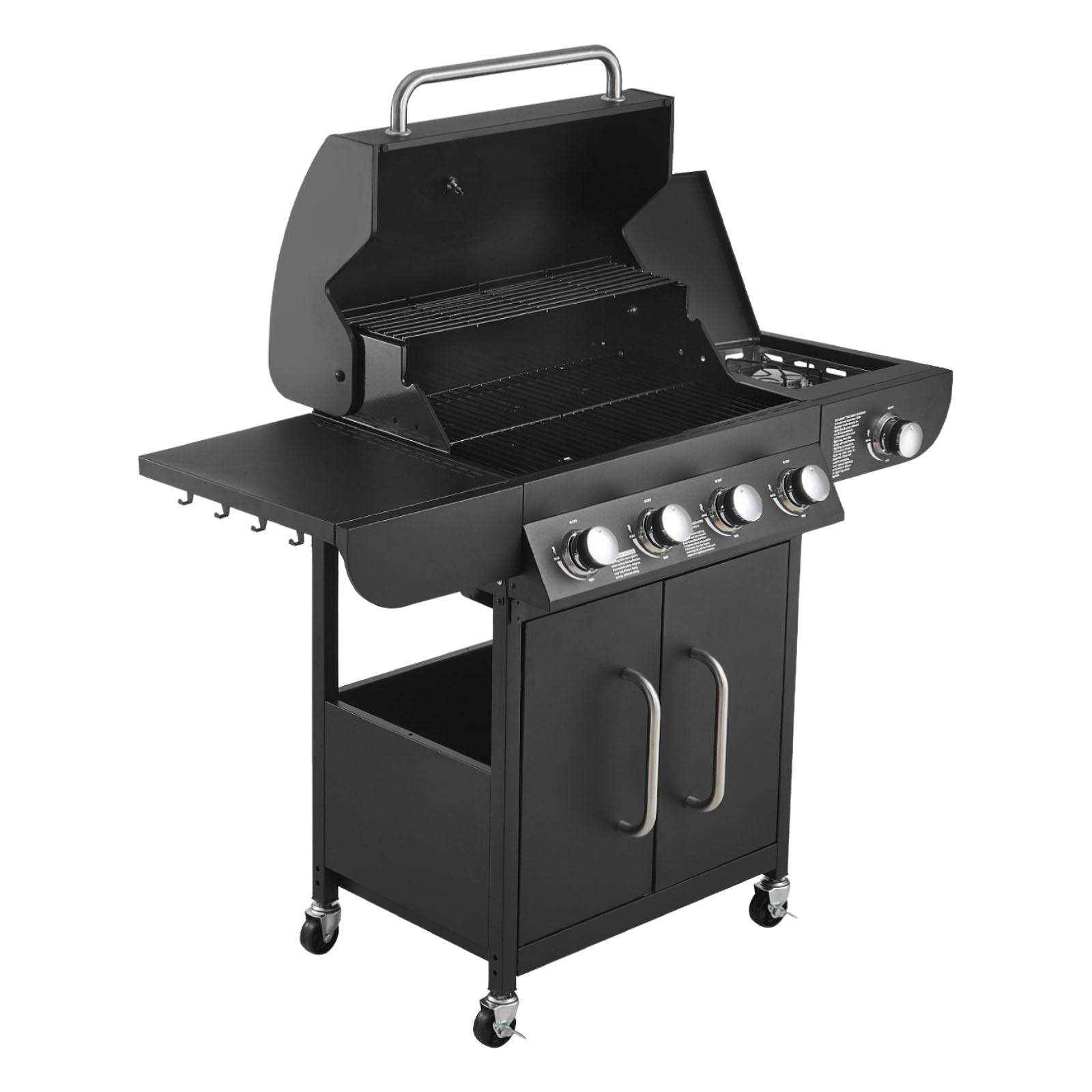 VEVOR 4 Burner Propane Gas Grill with Side Burner, 52,000 BTU Outdoor BBQ Grill with 425 Sq. In. Cooking Area, Carbon Steel Patio Garden Barbecue with Side Shelves