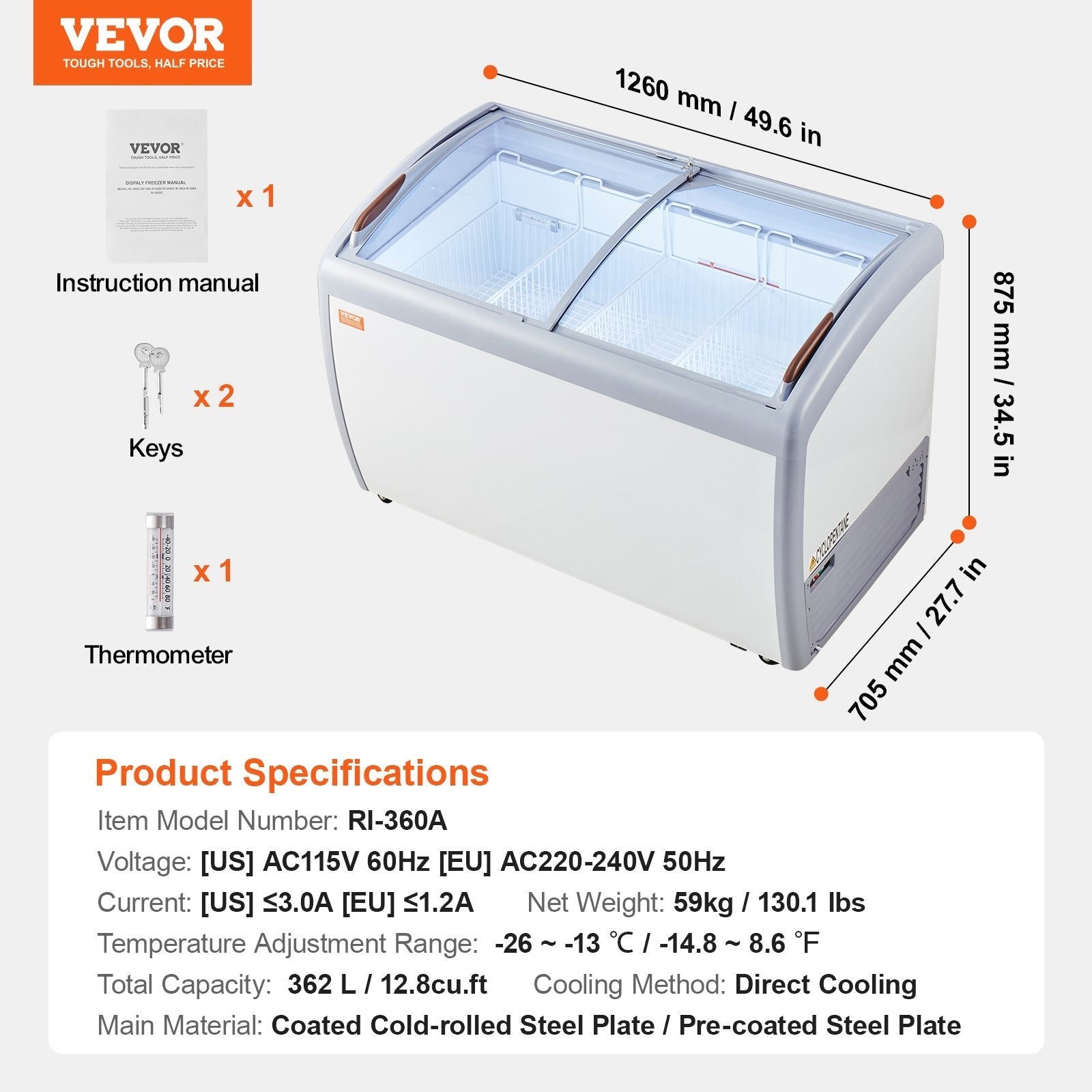 VEVOR 12.8Cu.ft Commercial Ice Cream Display Case Gelato Dipping Freezer Cabinet
