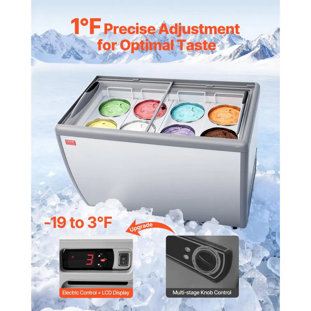 Commercial Ice Cream Display Freezer – 13.1 Cu. Ft. Gelato Dipping Cabinet with LED Lighting