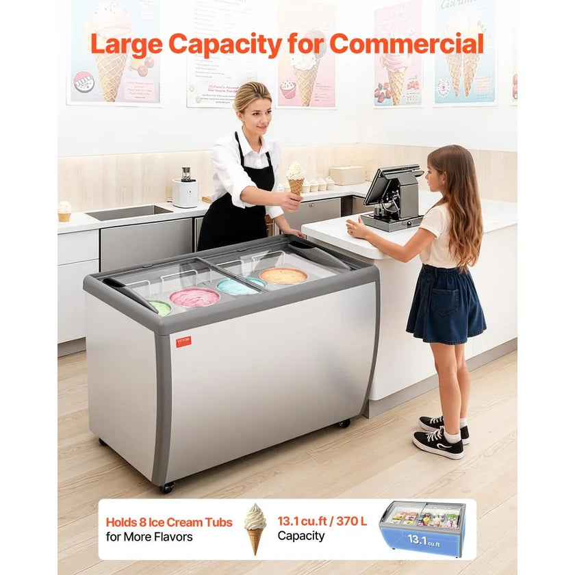 Commercial Ice Cream Display Freezer – 13.1 Cu. Ft. Gelato Dipping Cabinet with LED Lighting