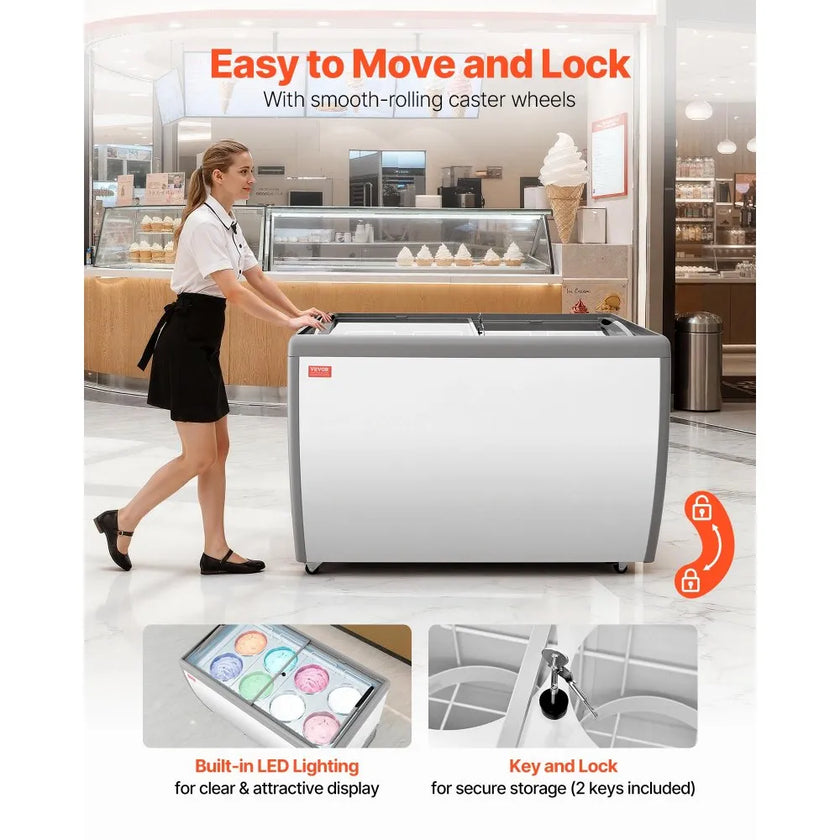 Commercial Ice Cream Display Freezer – 13.1 Cu. Ft. Gelato Dipping Cabinet with LED Lighting