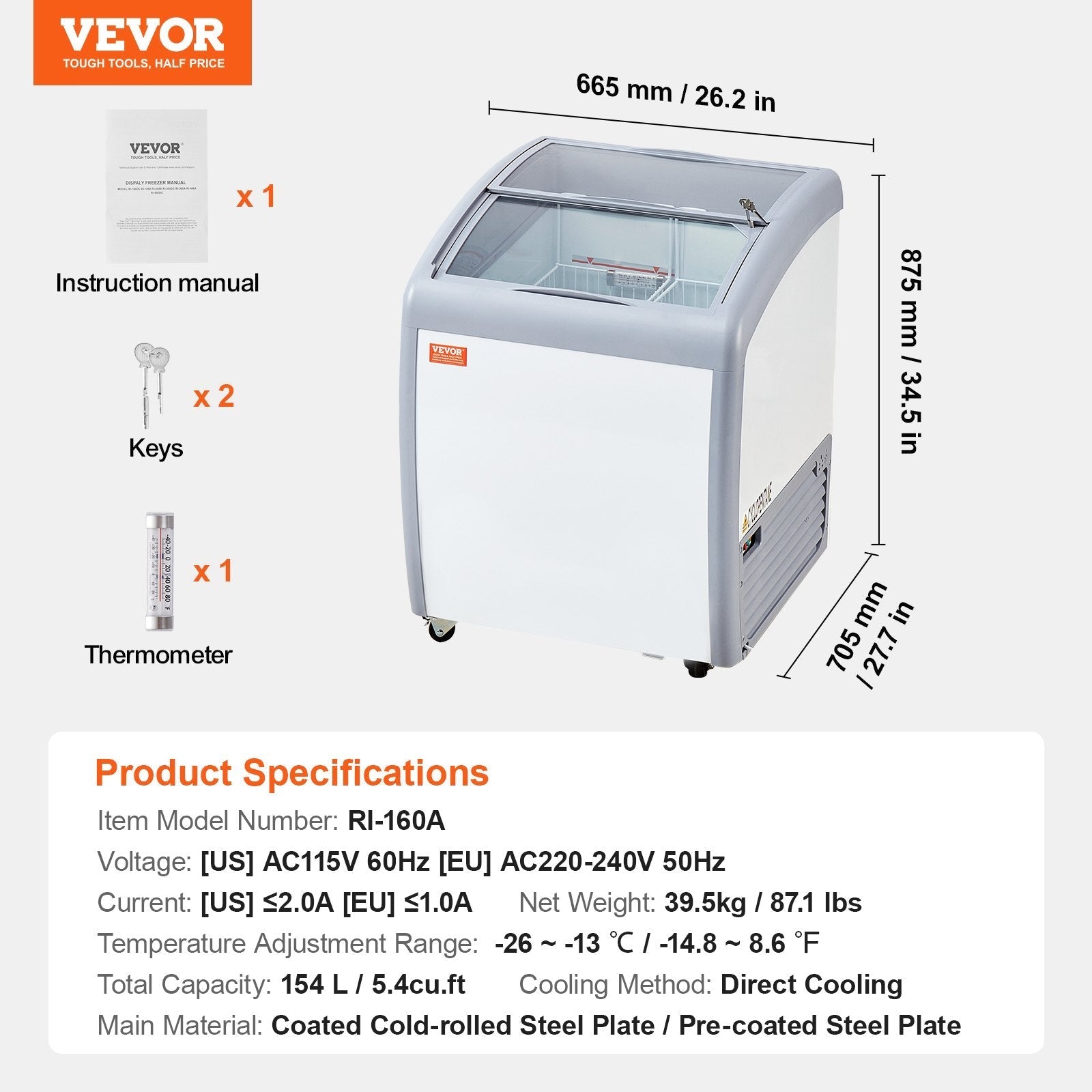 VEVOR 5.4 Cu.ft Commercial Ice Cream Display Case Gelato Dipping Freezer Cabinet