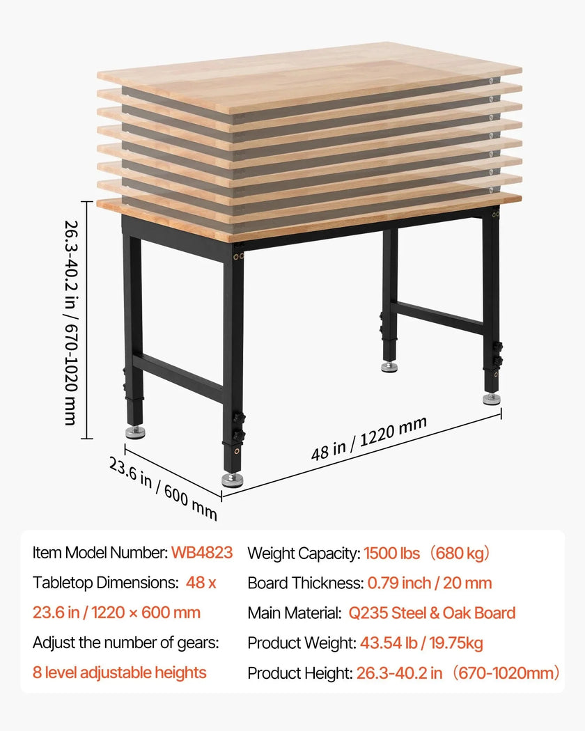 VEVOR Adjustable Workbench, 1500 lbs Capacity, 48 x 24 Inch Oak Wood Top Workbench with 26.3-40.2 Inch Height Adjustment, Heavy-Duty Hardwood Worktable for Garage, Workshop, Home, Office, Commercial