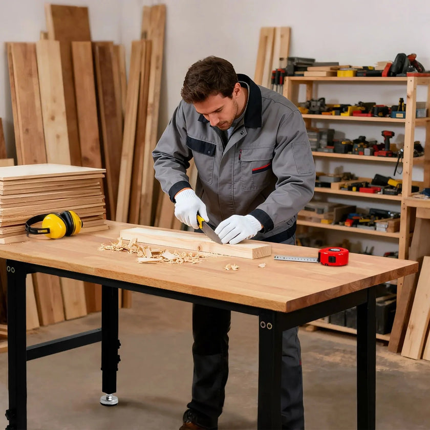 VEVOR Adjustable Workbench, 1500 lbs Capacity, 48 x 24 Inch Oak Wood Top Workbench with 26.3-40.2 Inch Height Adjustment, Heavy-Duty Hardwood Worktable for Garage, Workshop, Home, Office, Commercial