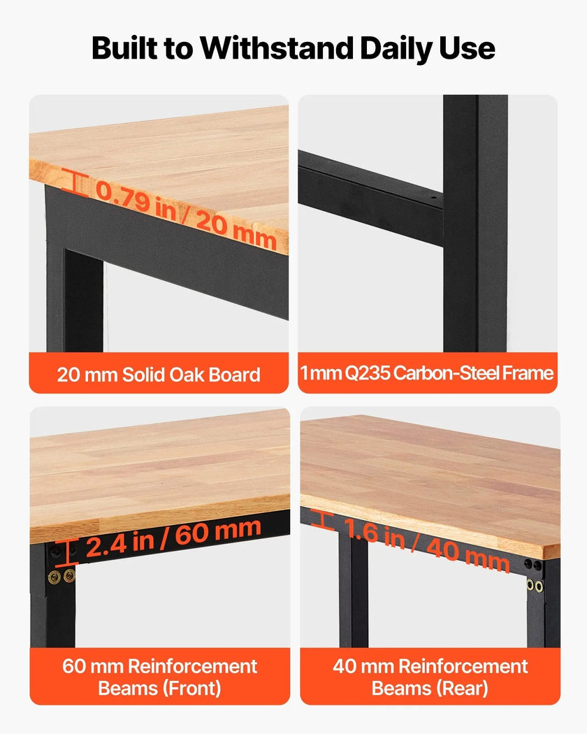 VEVOR Adjustable Workbench on Wheels, 1500 lbs Capacity, 48 x 24 Inch Oak Wood Top Workbench with 28.5-42.3 Inch Height Adjustment, Heavy-Duty Hardwood Worktable for Garage, Workshop, Home, Office