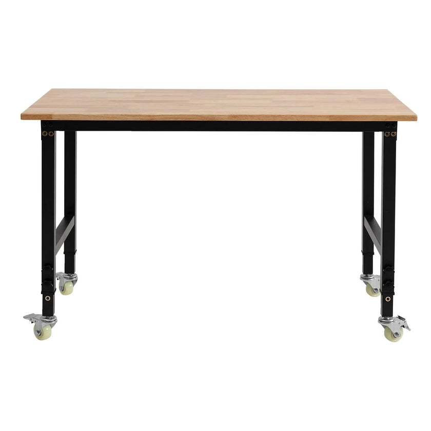 VEVOR Adjustable Workbench on Wheels, 1500 lbs Capacity, 48 x 24 Inch Oak Wood Top Workbench with 28.5-42.3 Inch Height Adjustment, Heavy-Duty Hardwood Worktable for Garage, Workshop, Home, Office