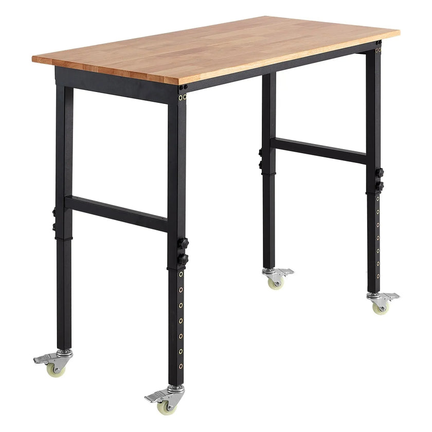 VEVOR Adjustable Workbench on Wheels, 1500 lbs Capacity, 48 x 24 Inch Oak Wood Top Workbench with 28.5-42.3 Inch Height Adjustment, Heavy-Duty Hardwood Worktable for Garage, Workshop, Home, Office