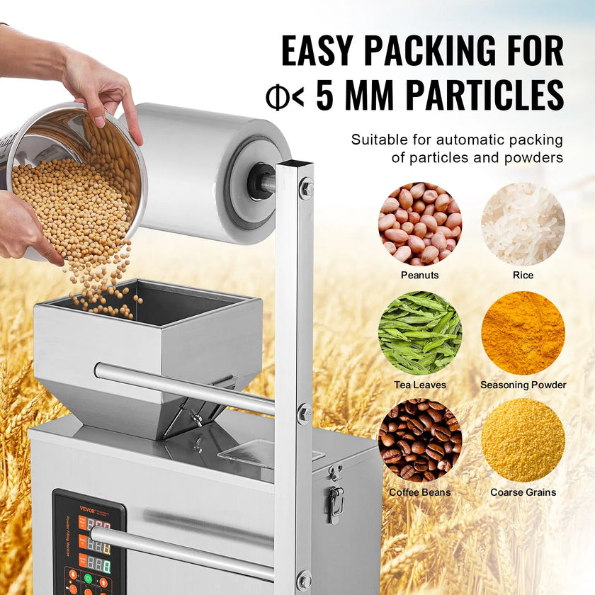 VEVOR Automatic Particle Packaging Machine, 0.002-0.22lbs/1-100g, Multi-Function Pouch Powder Sachet Weighting Filling Packing Machine, Powder Filler Machine for Tea Seeds Grains Flour Beans Glitter