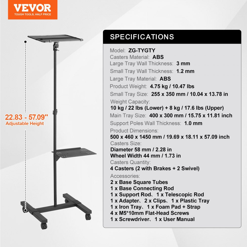 VEVOR Projector Stand with Wheels Projector Floor Stand Height from 22.8-57.3