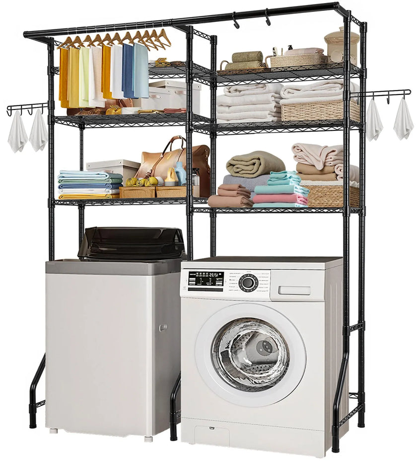 VEVOR Over Washer and Dryer Storage Shelf Two Row 6 Tiers Washer Rack Black