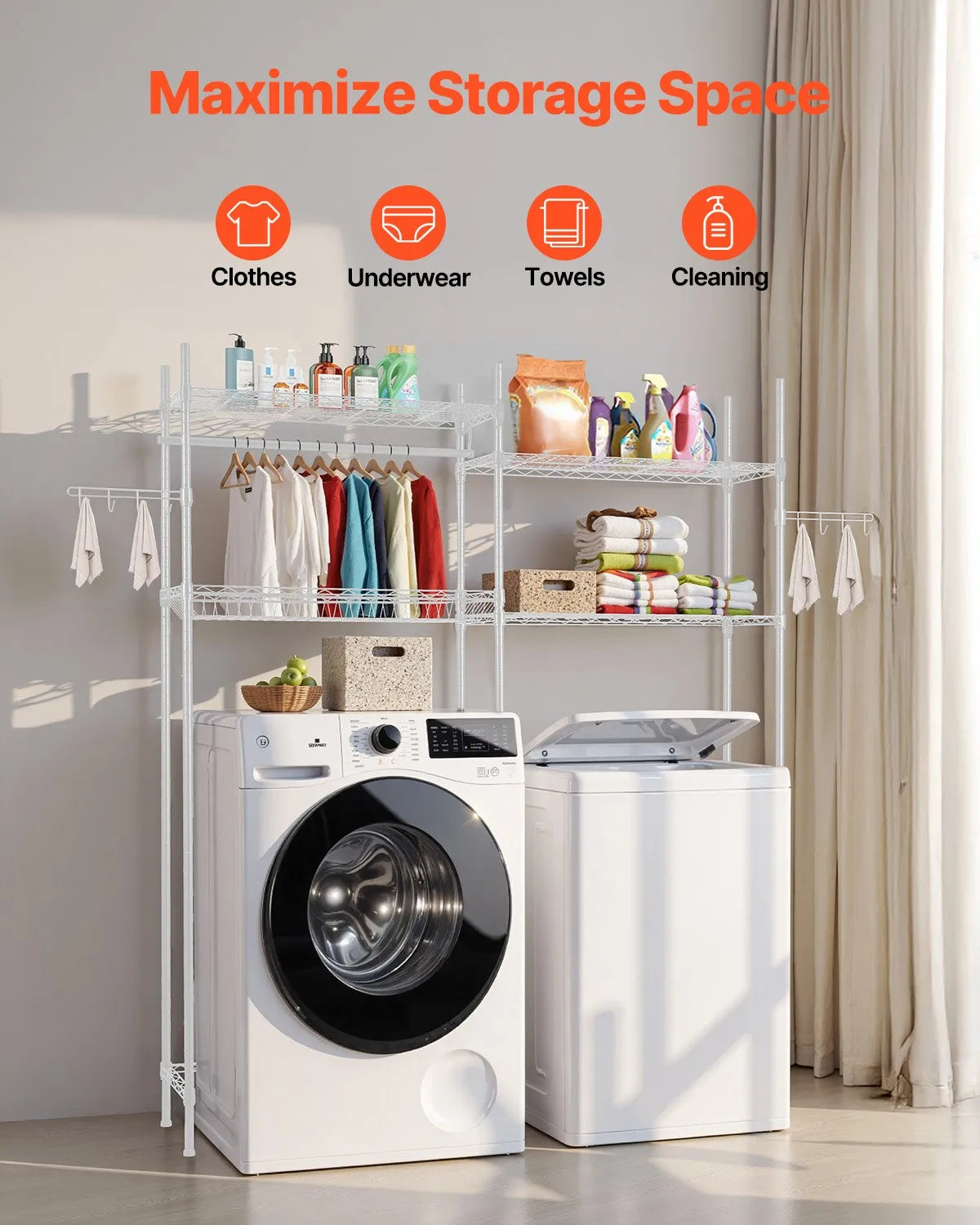 VEVOR Over Washer and Dryer Storage Shelf Two Row 4 Tiers Washer Rack White