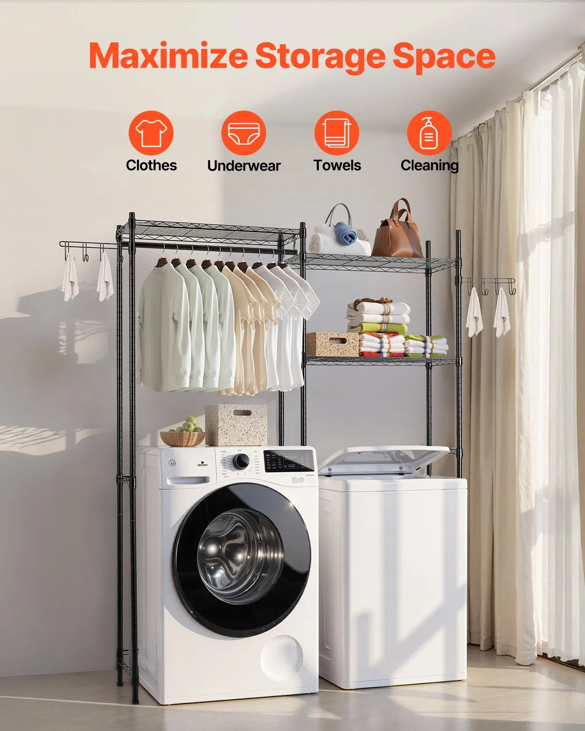 VEVOR Over Washer and Dryer Storage Shelf Two Row 5 Tiers Washer Rack Black