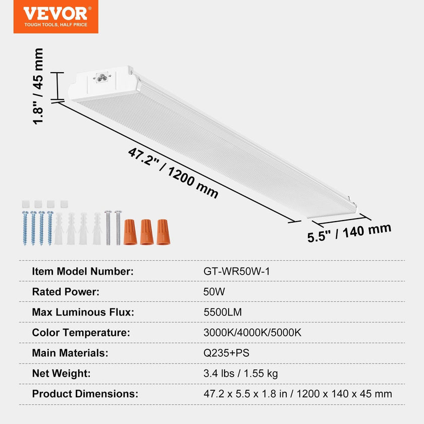 VEVOR 4FT LED Wraparound Light, 50W, 5500LM Flush Mount LED Shop Light, 3000K/4000K/5000K Adjustable LED Kitchen Ceiling Lighting Fixtures for Garage Office Laundry Fluorescent Tube Replacement, FCC