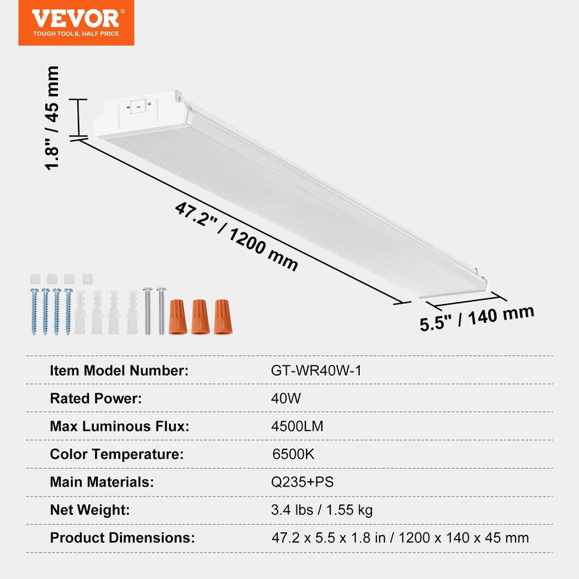 VEVOR 4FT LED Wraparound Light, 40W, 4500LM Flush Mount LED Shop Light, 6500K Daylight LED Kitchen Ceiling Lighting Fixtures, for Garage Office Laundry Craft Room Fluorescent Tube Replacement, FCC