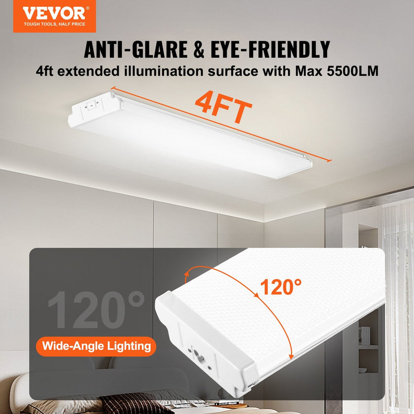 VEVOR 4FT LED Wraparound Light, 50W, 5500LM Flush Mount LED Shop Light, 4 Pack 6500K Daylight LED Kitchen Ceiling Lighting Fixtures, for Garage Office Laundry Fluorescent Tube Replacement, FCC