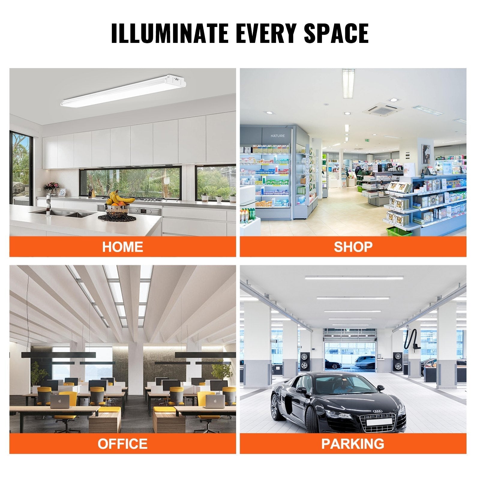 VEVOR 4FT LED Wraparound Light, 50W, 5500LM Flush Mount LED Shop Light, 4 Pack 6500K Daylight LED Kitchen Ceiling Lighting Fixtures, for Garage Office Laundry Fluorescent Tube Replacement, FCC