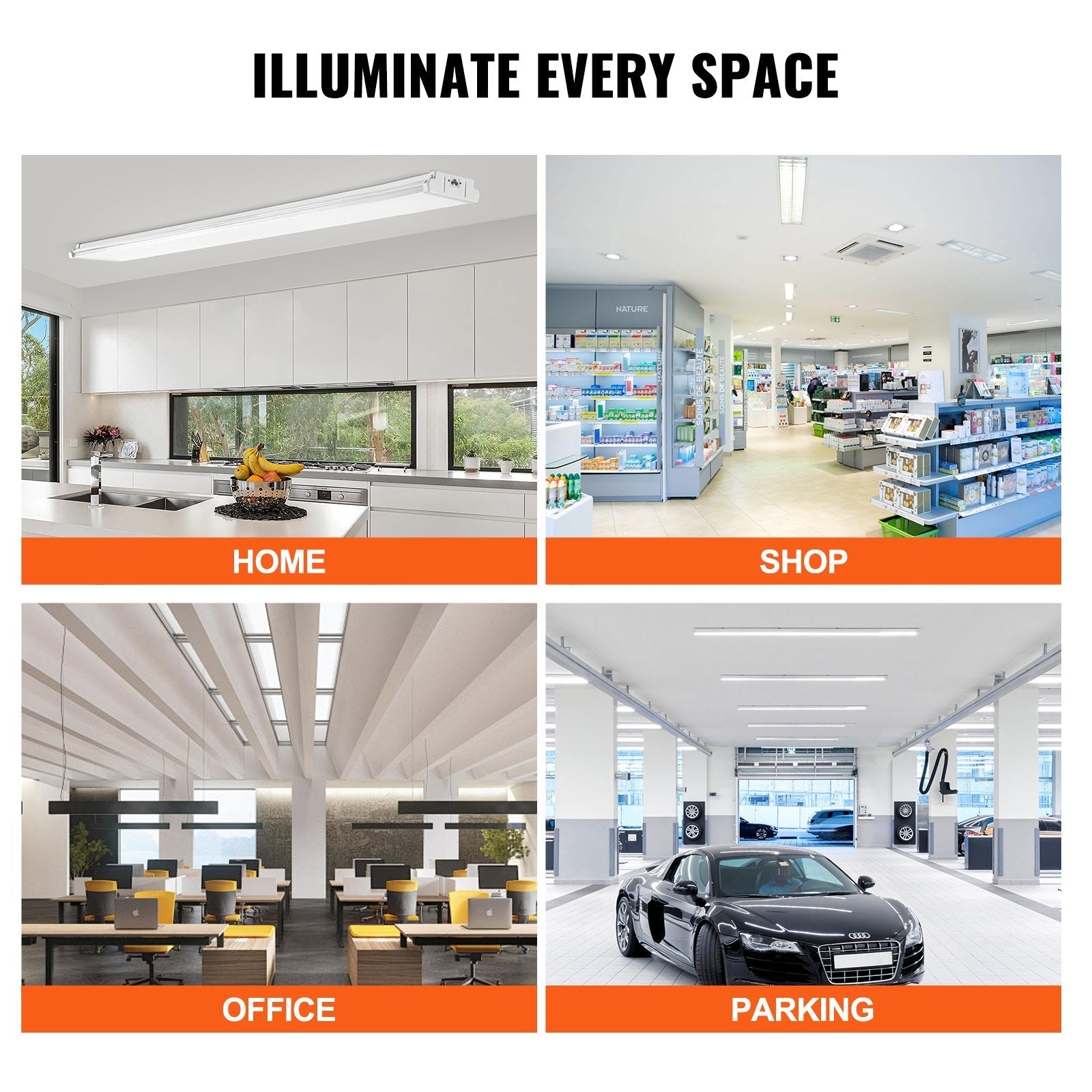 VEVOR 8FT LED Wraparound Light, 110W 10,000LM, Flush Mount LED Shop Light, 4 Pack 6500K Daylight LED Kitchen Ceiling Lighting Fixtures, for Garage Office Laundry Fluorescent Tube Replacement, FCC