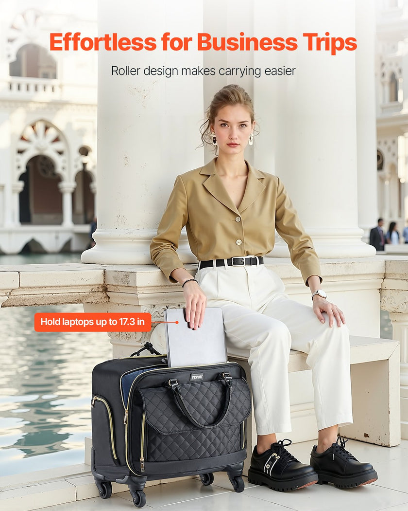 VEVOR Rolling Laptop Bag 17.3 Inch Wheeled Computer Bag for Women Men Black Gold