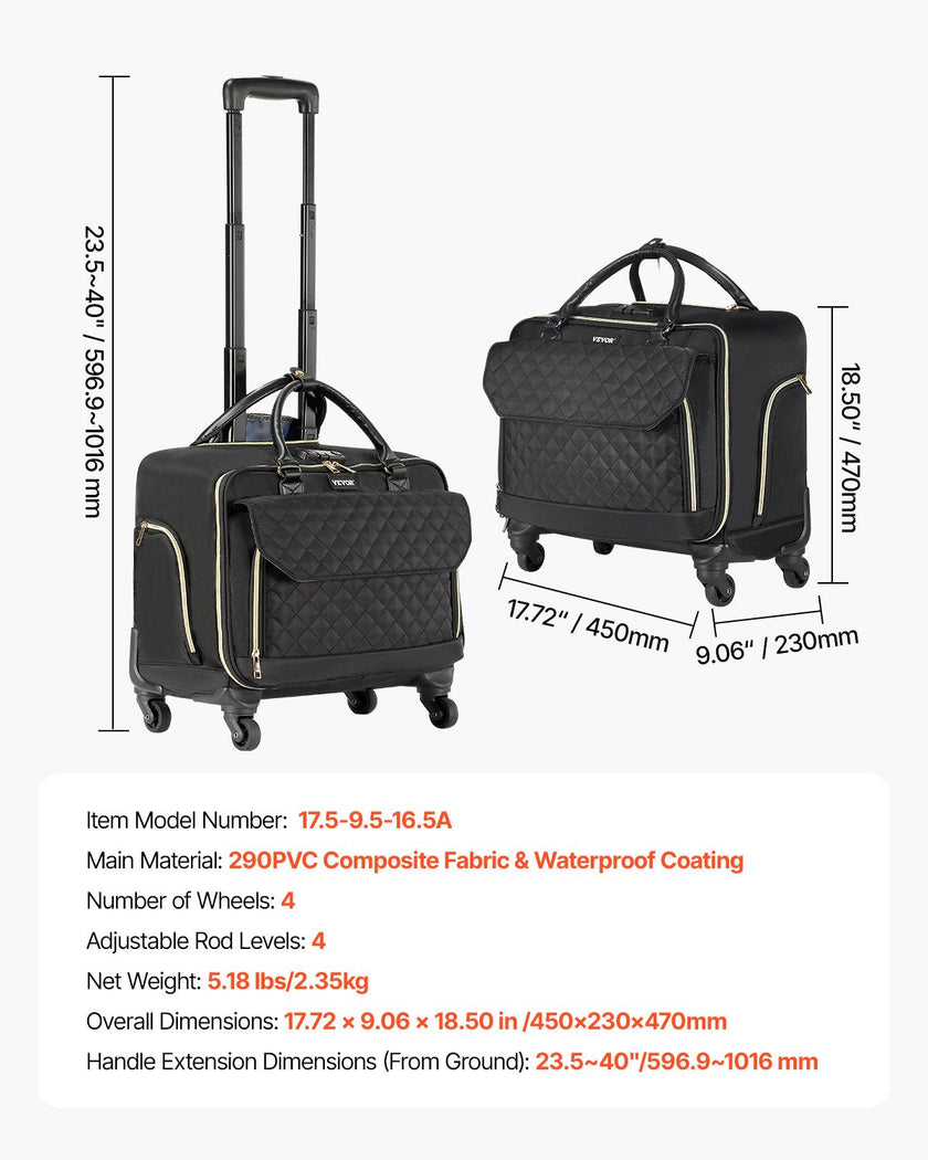 VEVOR Rolling Laptop Bag 17.3 Inch Wheeled Computer Bag for Women Men Black Gold