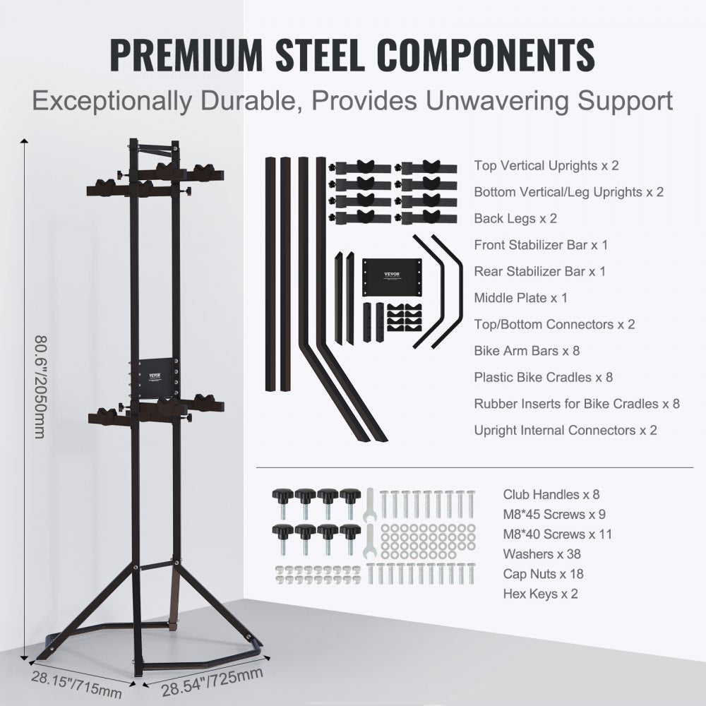 VEVOR 4 Bike Storage Rack, Free Standing Gravity Wall Vertical Bike Rack, Fully Adjustable Bike Rack Garage, Sturdy Steel & Easy Assemble, for Garage, Living Room, Shed, Holds Up to 260 lbs Black