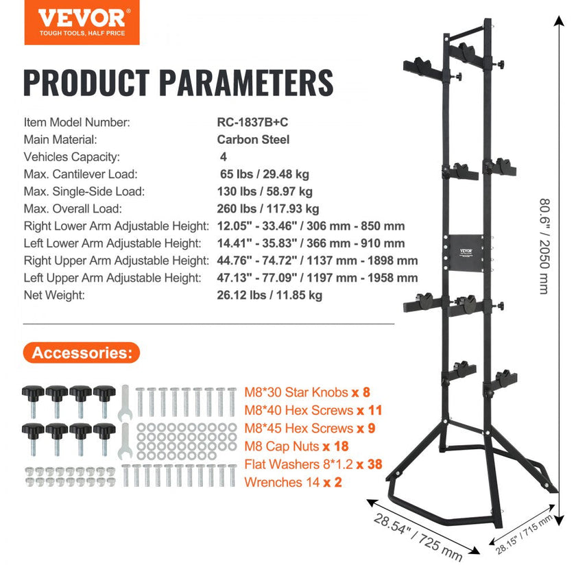 VEVOR 4 Bike Storage Rack, Free Standing Gravity Wall Vertical Bike Rack, Fully Adjustable Bike Rack Garage, Sturdy Steel & Easy Assemble, for Garage, Living Room, Shed, Holds Up to 260 lbs Black