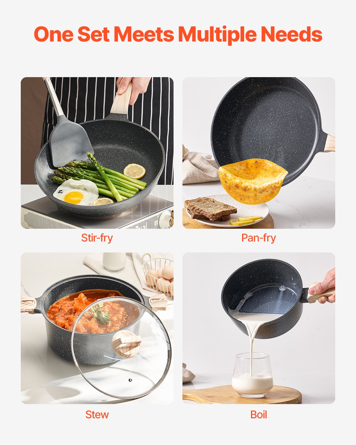 VEVOR 19 Piece Pots and Pans Set Granite Nonstick Kitchen Cookware Black